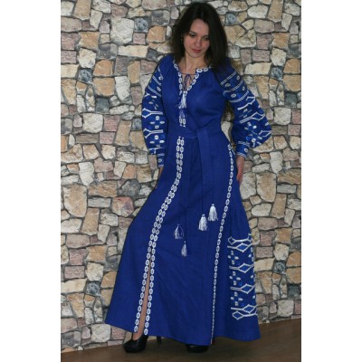 Boho Style Ukrainian Embroidered Maxi Broad Dress Blue "Grace"